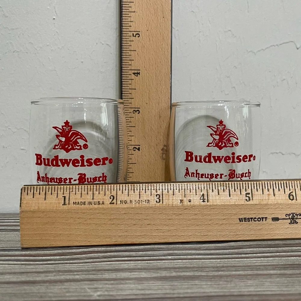 Budweiser Anheuser Busch Barrel Shaped Clear Glasses Set Red Eagle Logo 60s VTG